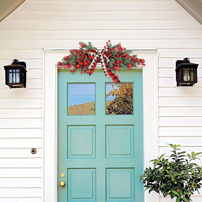 🎄Christmas promotion🔥Pre-installed red fruit door wreath with lights, urn filler with real feel