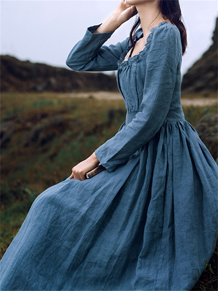 Vintage Ruffle Trim Pleated Maxi Dress