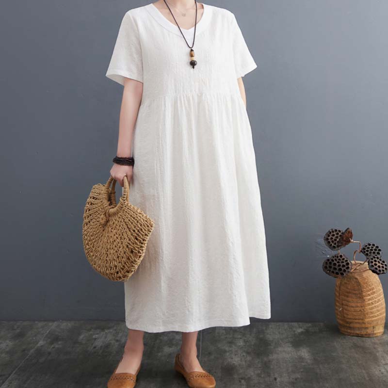Loose Short Sleeve Jacquard V Neck Midi Dress