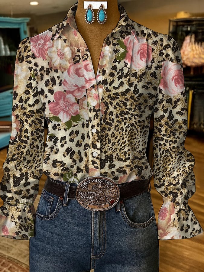 Women's Casual Western Style Leopard Print Floral Shirt
