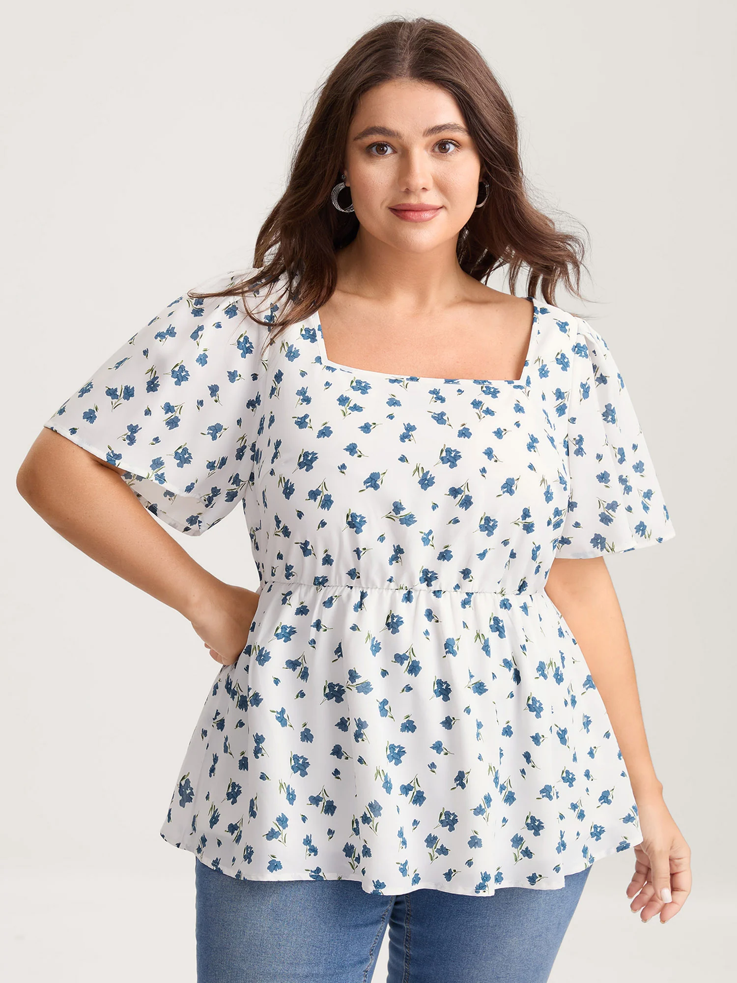 Delicate Floral Print Lotus Sleeve Blouse