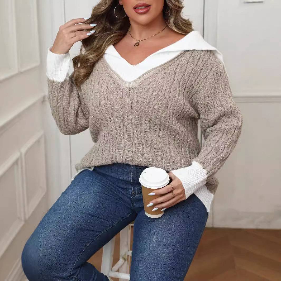 Plus Size Women Top Autumn Winter Contrast Color Stitching Collared Sailor Collar Woven Pullover Sweater