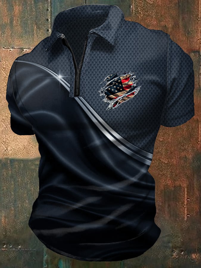 Men's Casual Independence Day Flag Print Polo Shirt