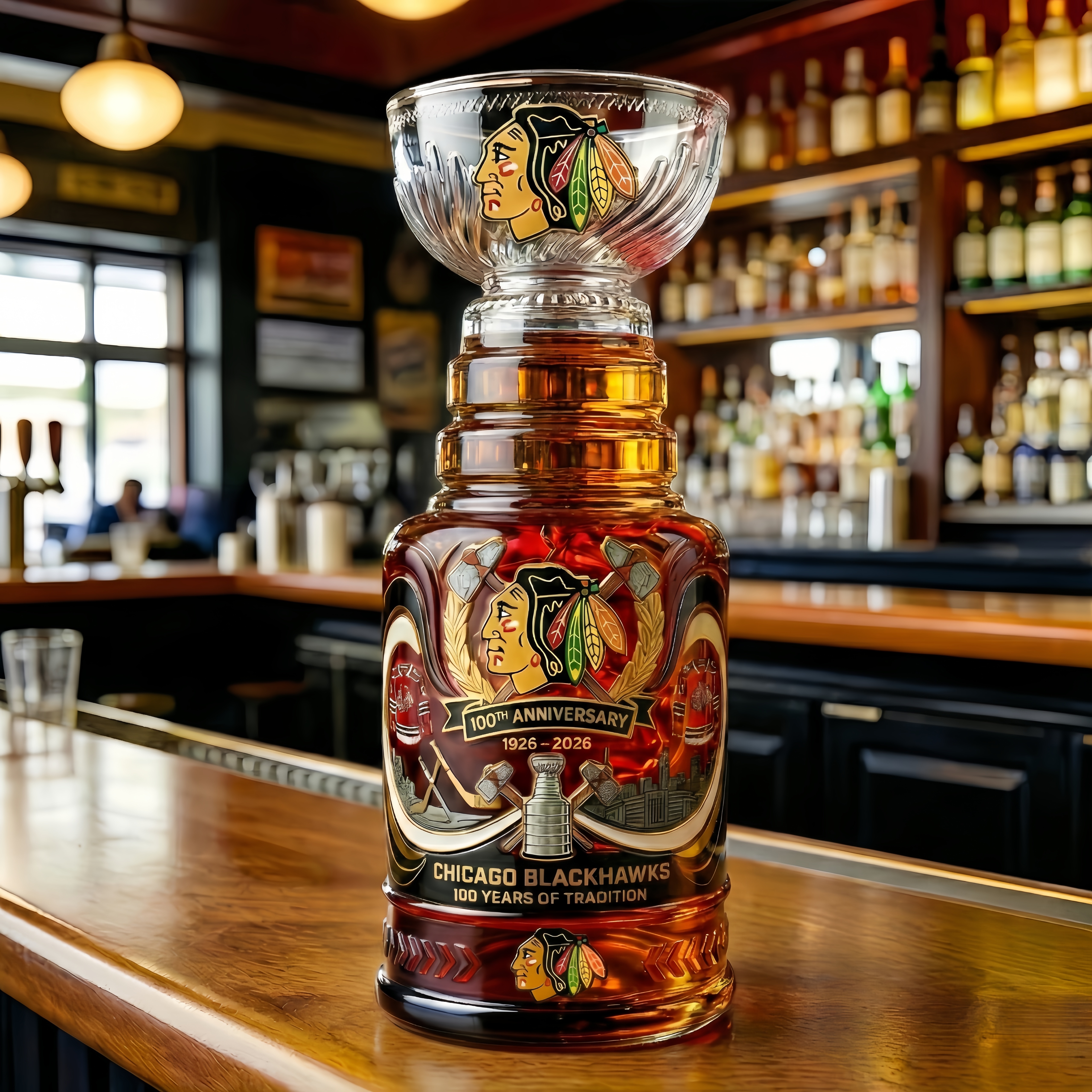 Chicago Blackhawks 100th Anniversary Stanley Cup Whiskey Glass