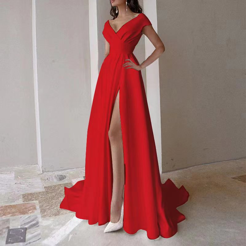 Bosom wrap style lotus leaf edge Mid-waist pure-color style commuter dress Evening dress