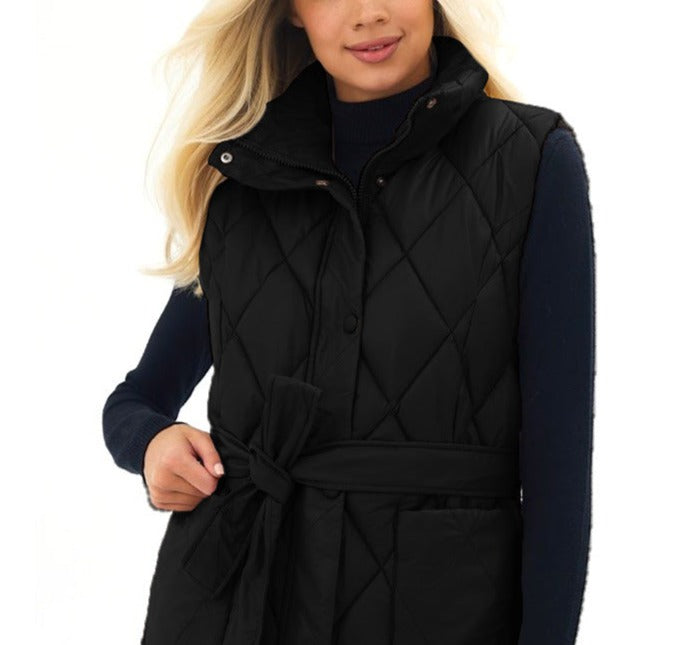 Mid-Length Women's Down Cotton Vest with a Station Collar
