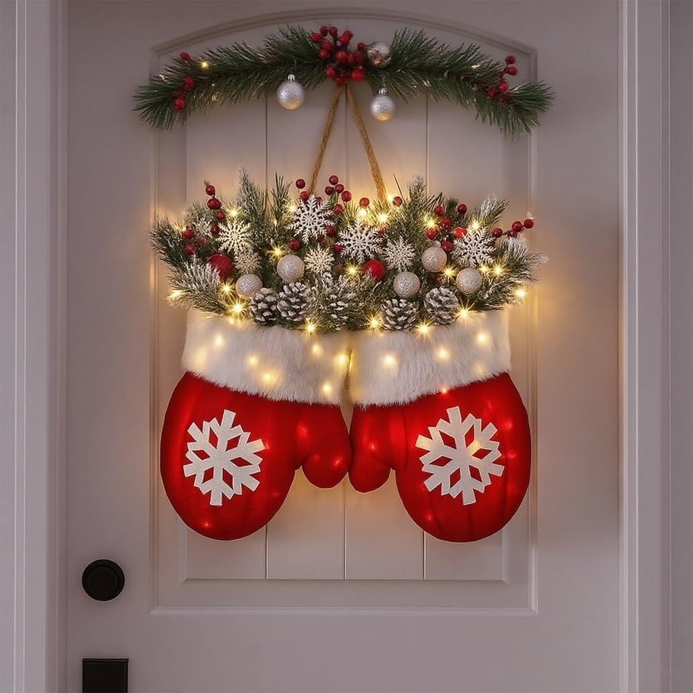 🔥Last Day 50% OFF🔥Twinkling Christmas Mitten Wreath with 120 LED Lights & 10H Auto Timer