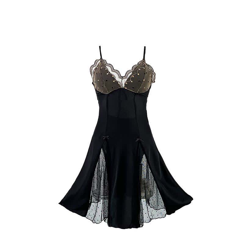 Backless V-neck Lace Sexy Split Mesh Satin Slip Dress Nightdress