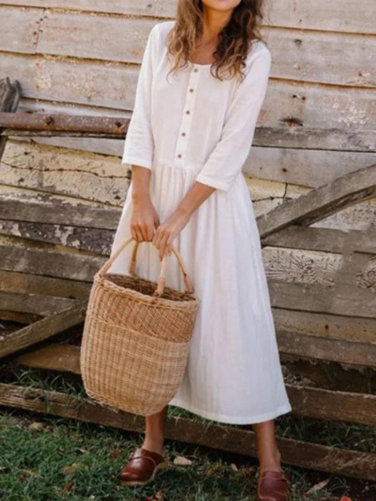 3/4 Sleeve 1/2 Button-Up Midi Dress