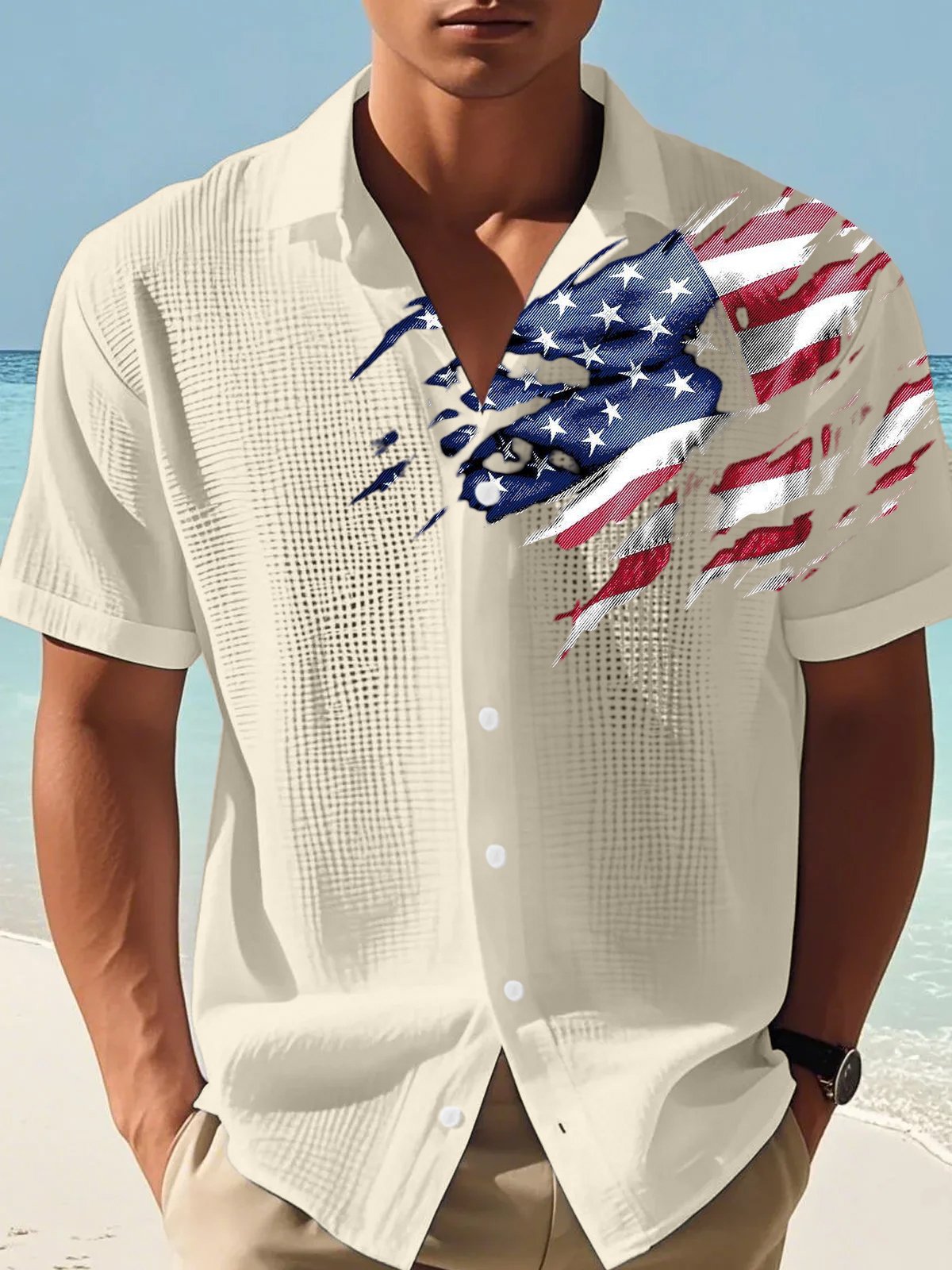 Men'S National Flag Printed Casual Waffle Shirt