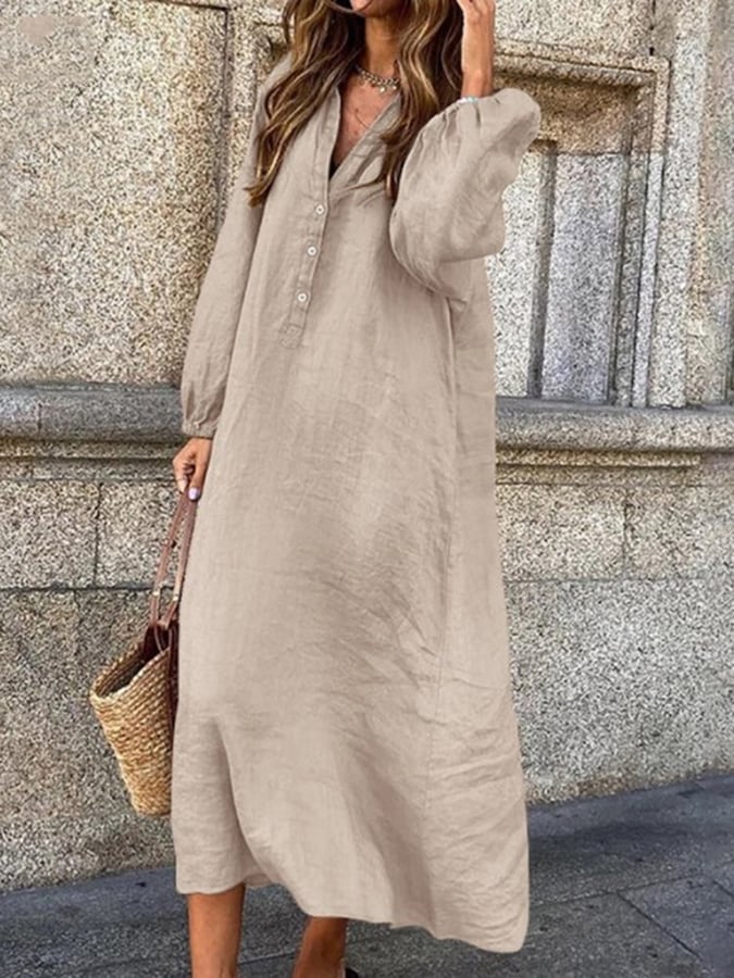 Solid Color Long Sleeve V Neck Button Long Dress