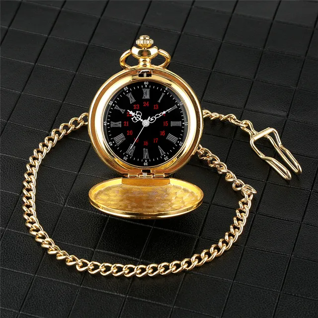 Luxury Yellow Gold/black Smooth Case Clock Men Women Pendant Pocket Watch Quartz Movement Analog Display Necklace Fob Chain