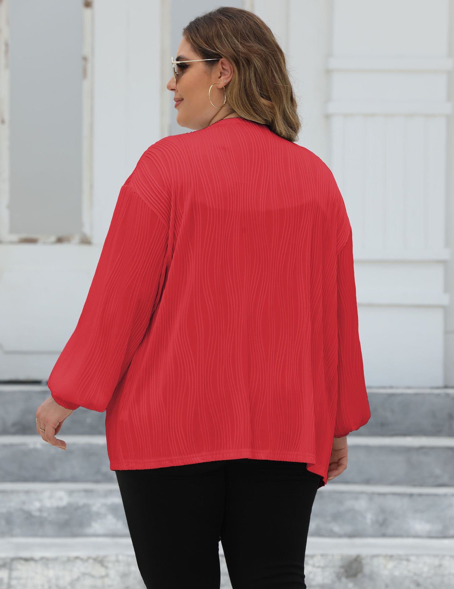 Plus Size Women Cardigan Women Wave Striped Casual Loose Jacket Comfortable Top Lantern Sleeve Air Conditioning Shirt