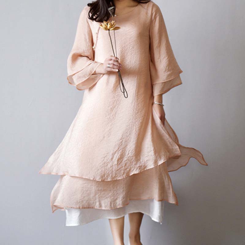 Casual Loose Round Neck Multi-layer Contrasting Color Midi Dress