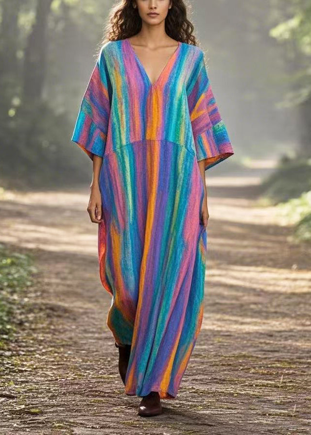 Vintage Rainbow Oversized Tie Dye Cotton Maxi Dresses Summer