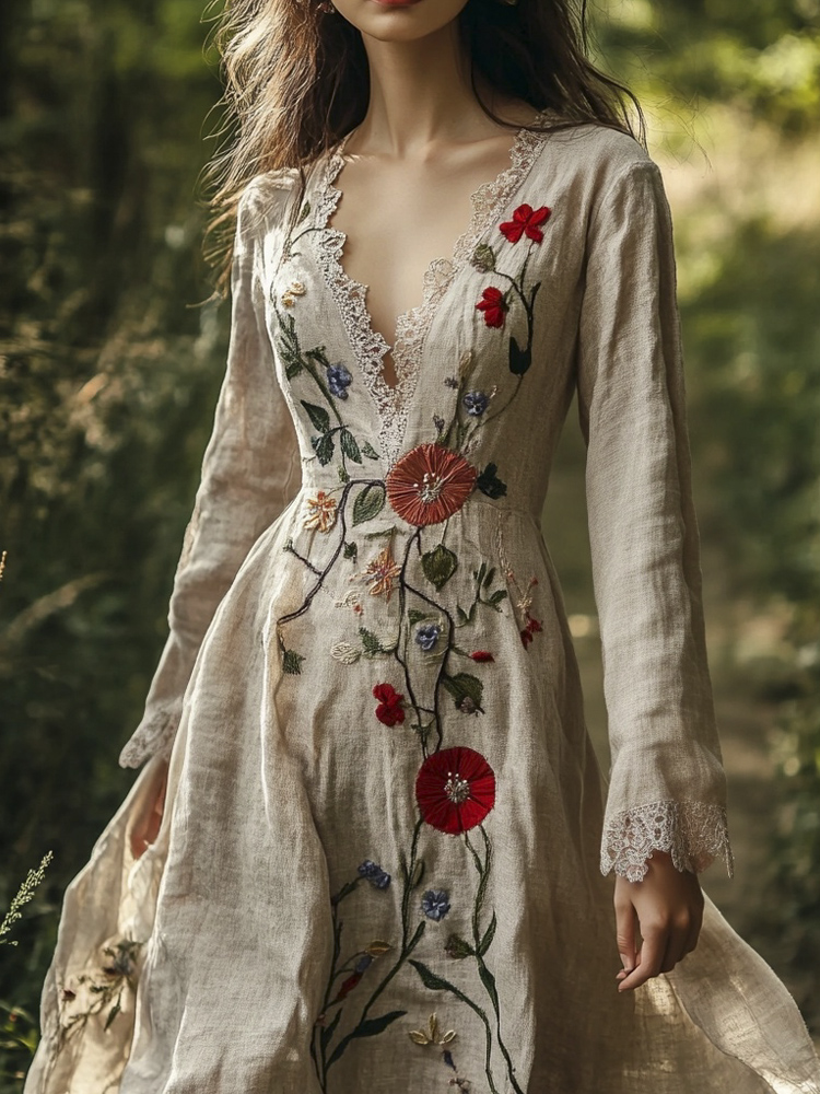Vintage Forest Floral Embroidery Art Women's Linen Flowy Maxi Dress