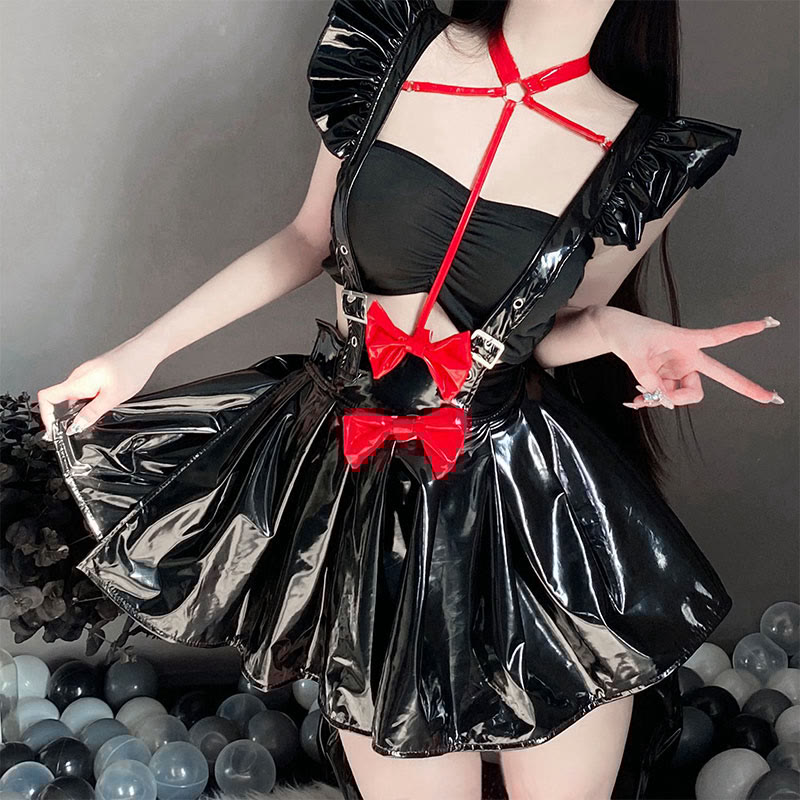 PU Hollow Out Bow Lingerie Dress