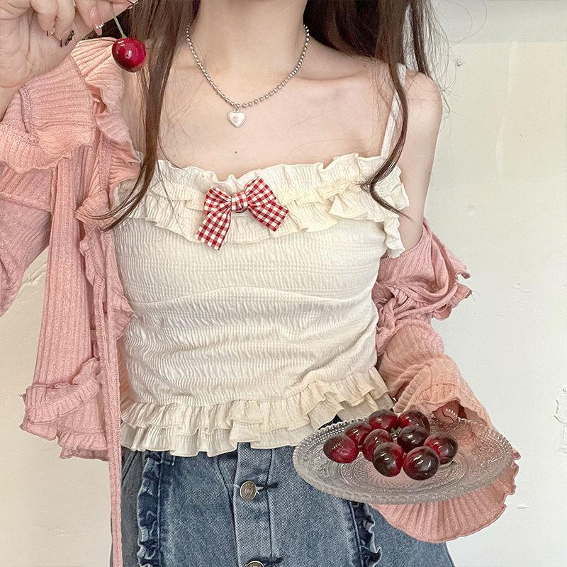 Gingham Bow Ruffle Cami Top and Cardigan Set