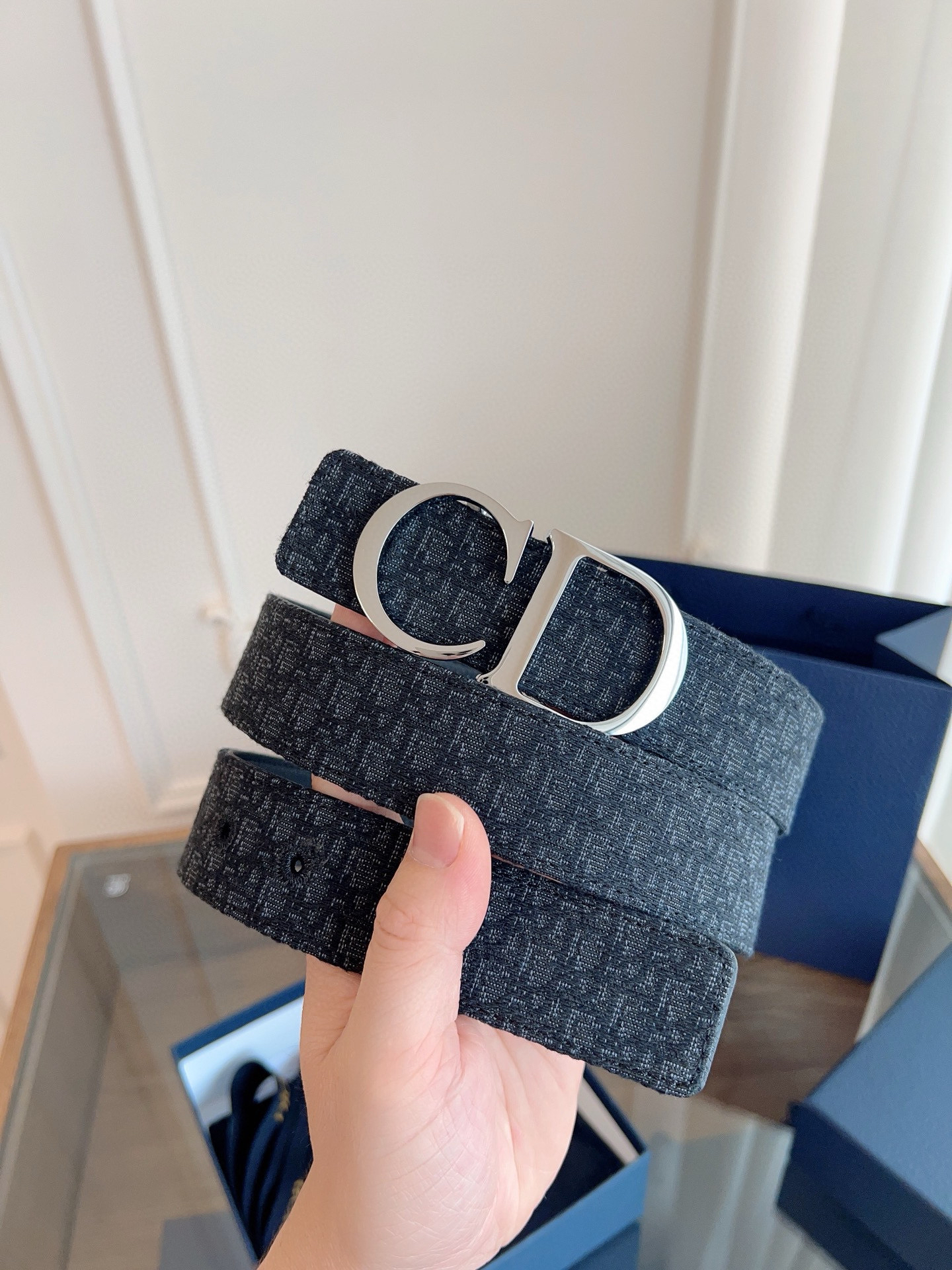 Dior Oblique Blue Cloth Black Cowhide Leather Strap 3.5cm Wide