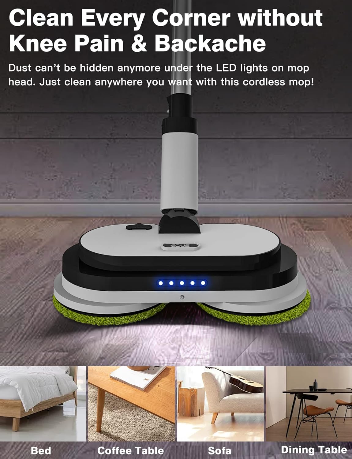Eous Cordless Electric Mop Floor Cleaner with LED Headlight & Water Sprayer