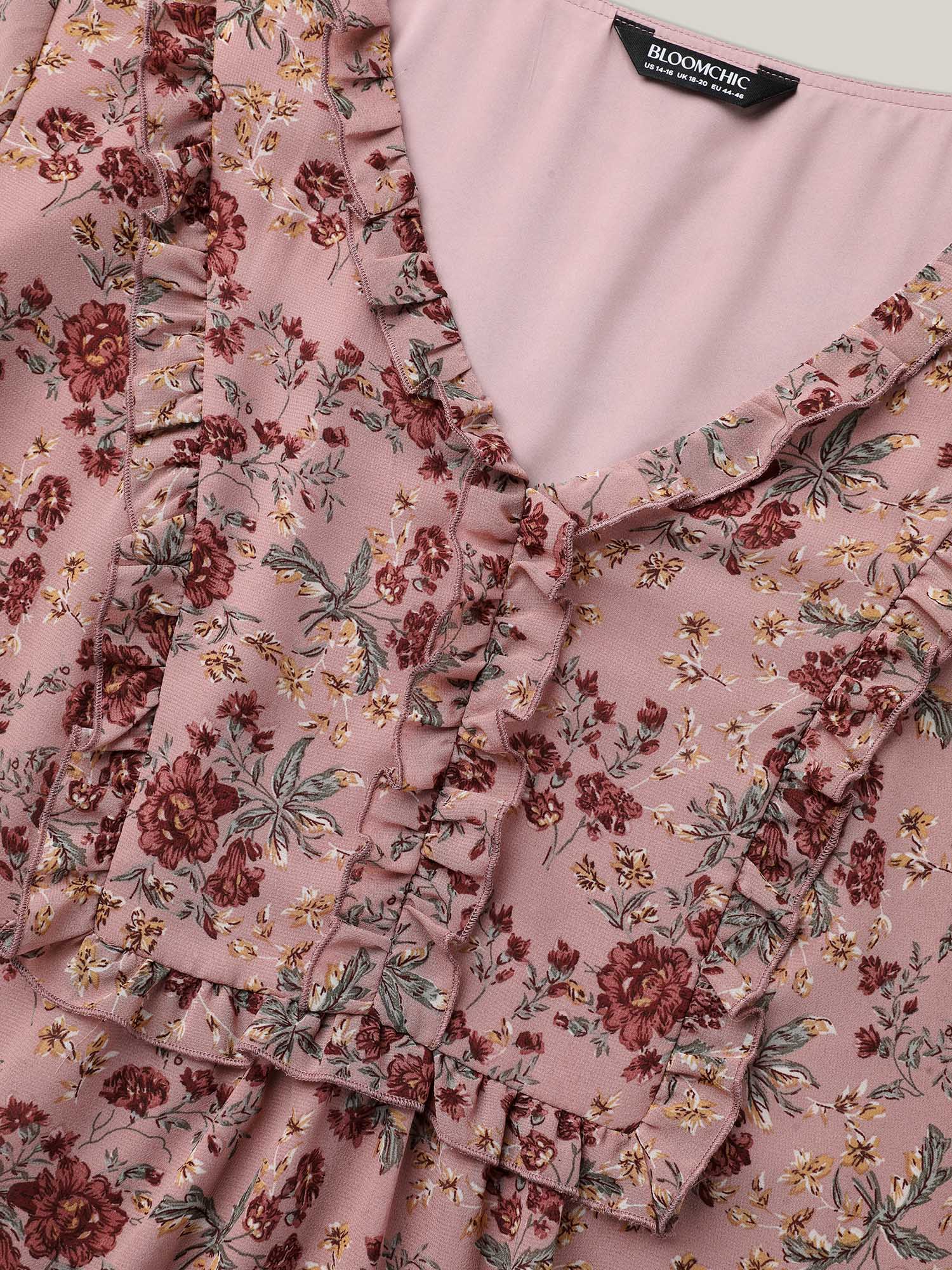 Chiffon Floral Print Ruffled Neck Flowy Shirt