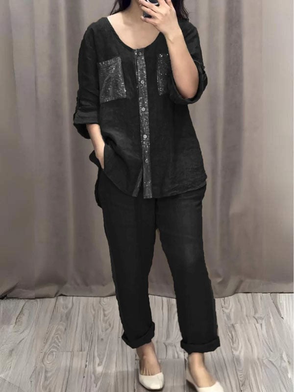 Sequined Round Neck Mid-sleeve Two-piece Suit (Buy 2 Sets Free Shipping)
