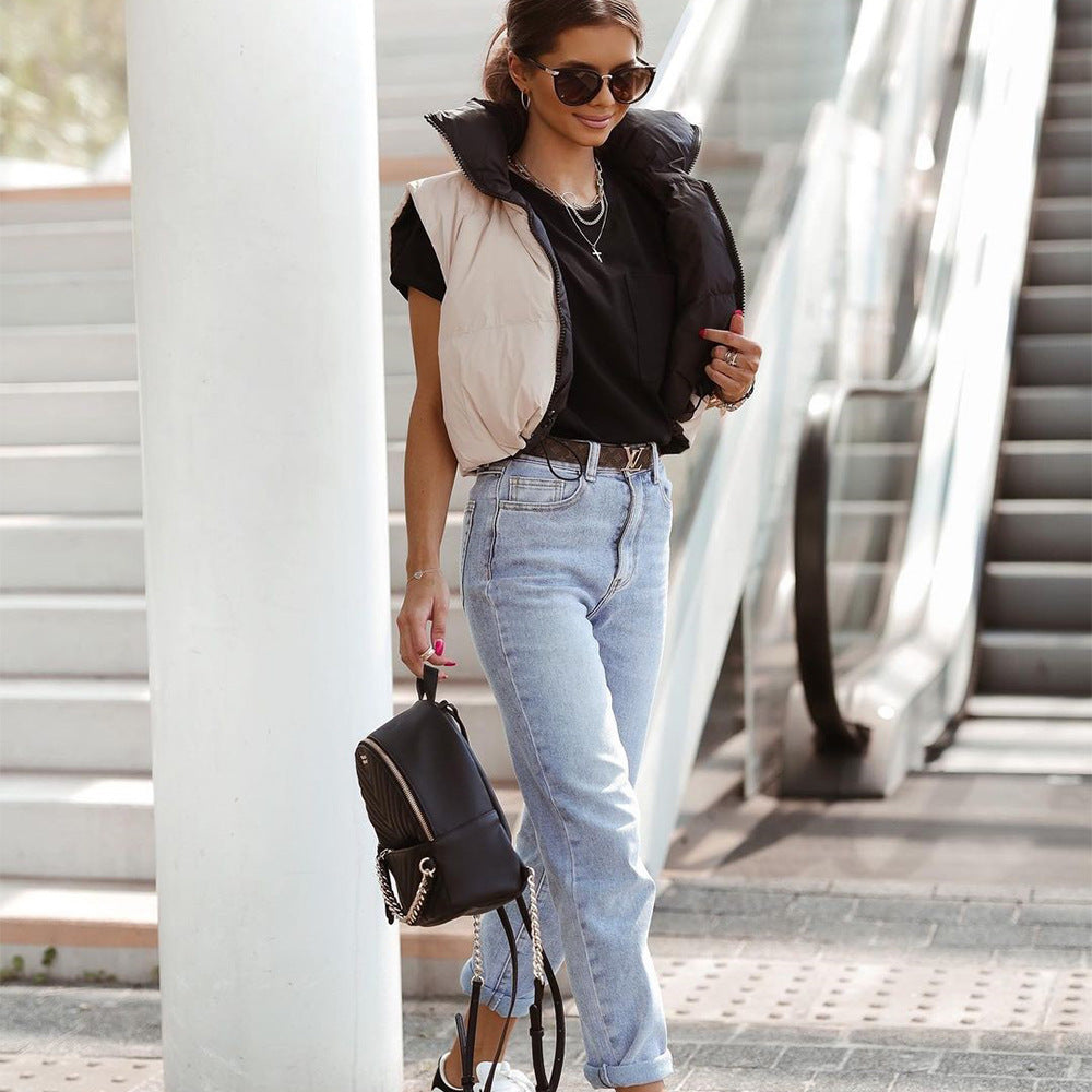 Women Vest Winter Double-Sided Cotton-Padded Jacket Stand Collar Zipper Sleeveless Short Shipment Coat