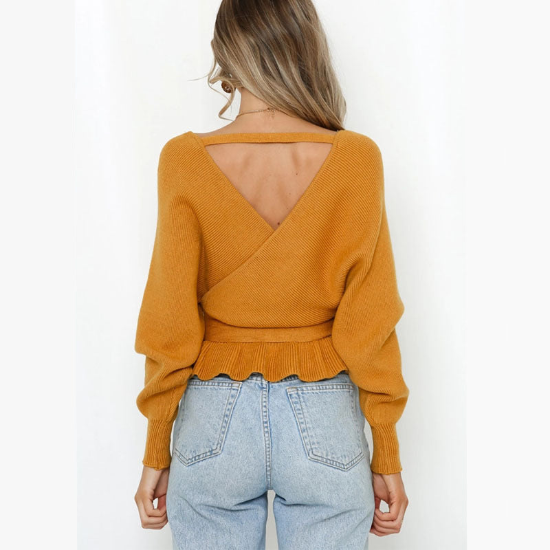 Women's Batwing Coat Knitwear V-neck Exposed Back Bandage Sweater
