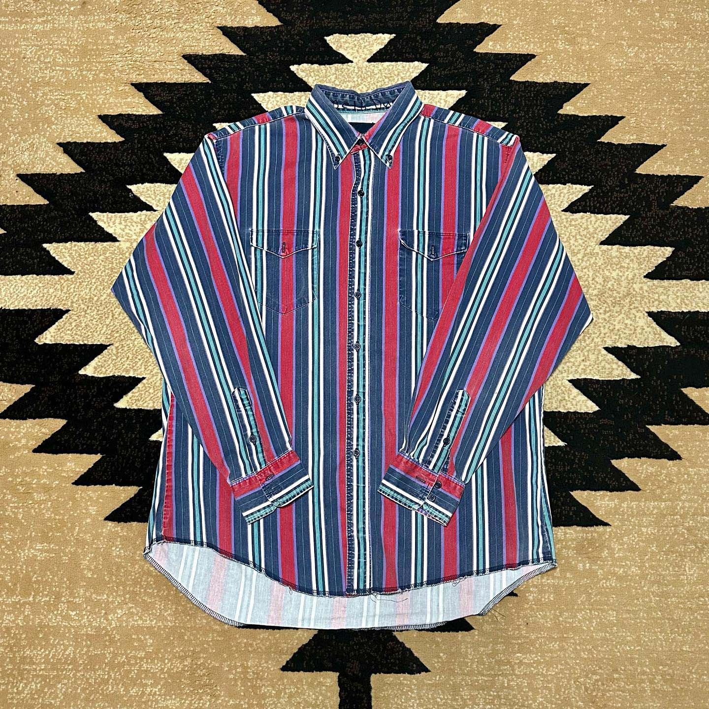 Men's Western Casual Blue Red Striped Long Sleeve Shirt