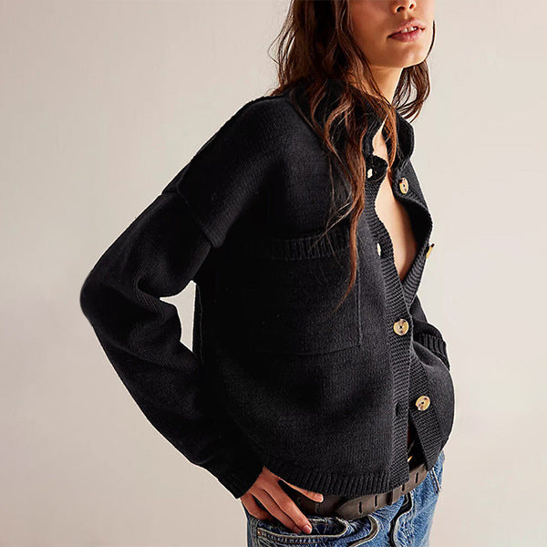 Women's Knitted Coat with Stand Collar – Solid Color Cardigan Sweater