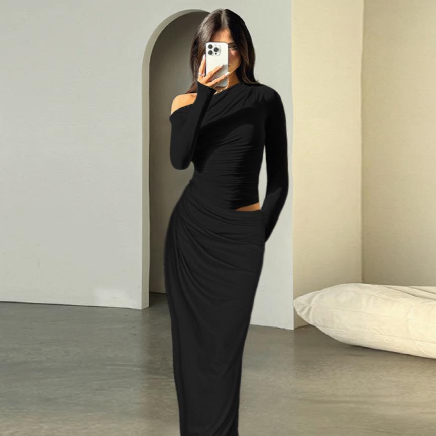Slim-Fit One-Shoulder Hollow-Out Pleated Dress for Women