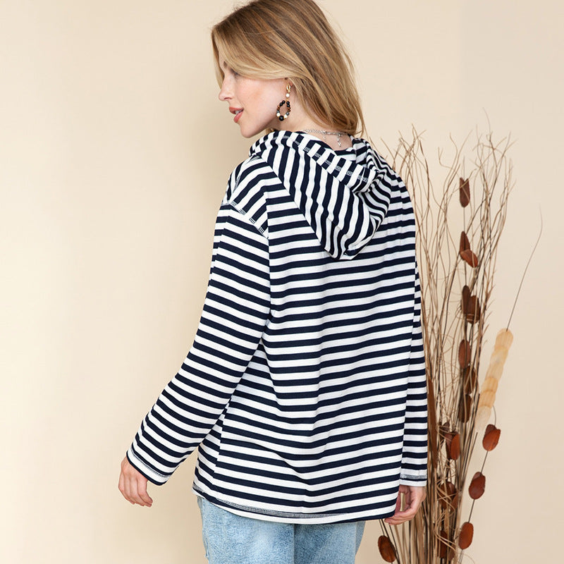 Shiying Striped Hooded Sweater, Women's Autumn Fashion, Loose-Fit Long Sleeve Top