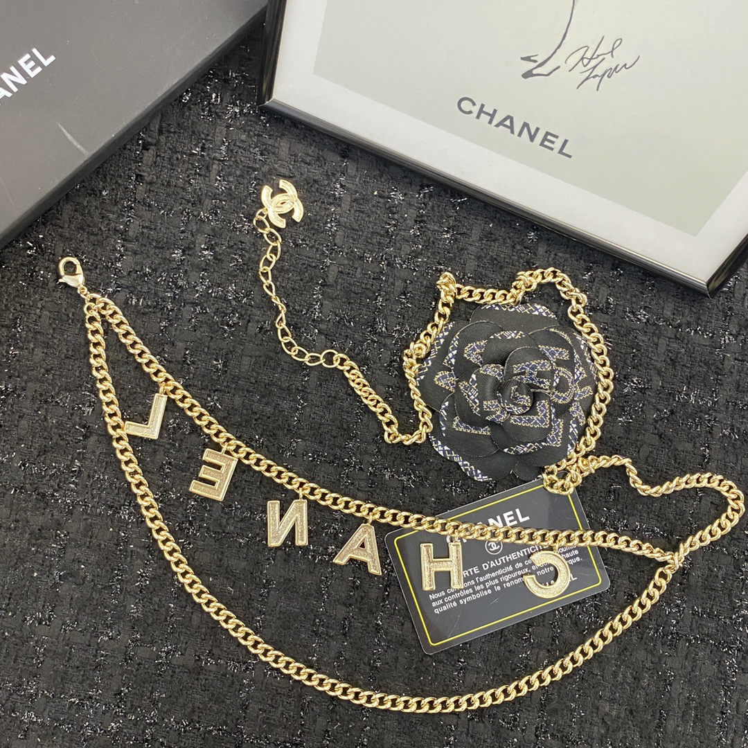 CHANEL black and white enamel letter metal waist chain