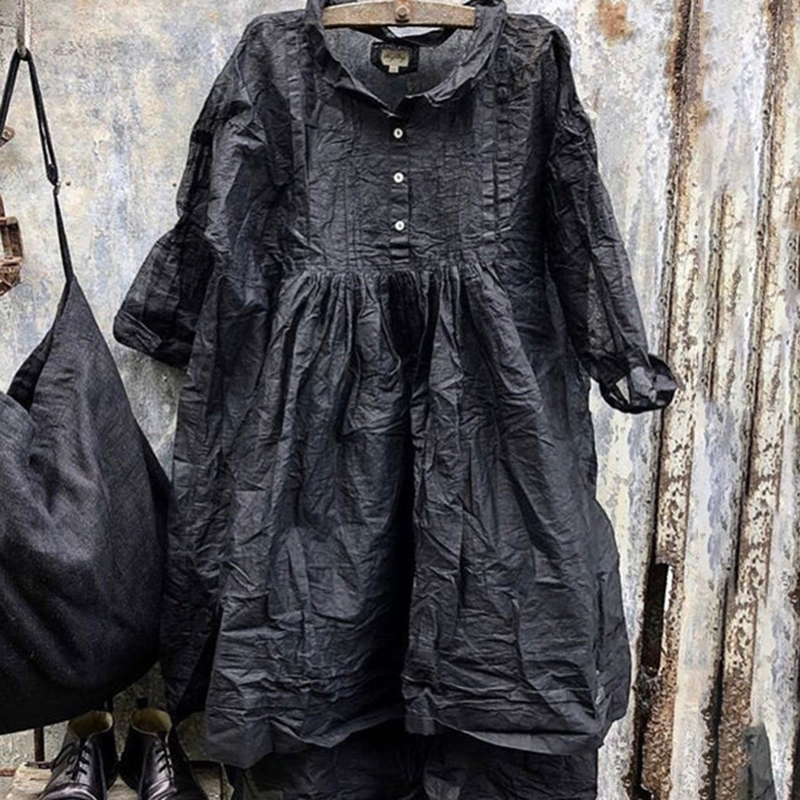 Solid Button Neck Loose Swing Mini Dress