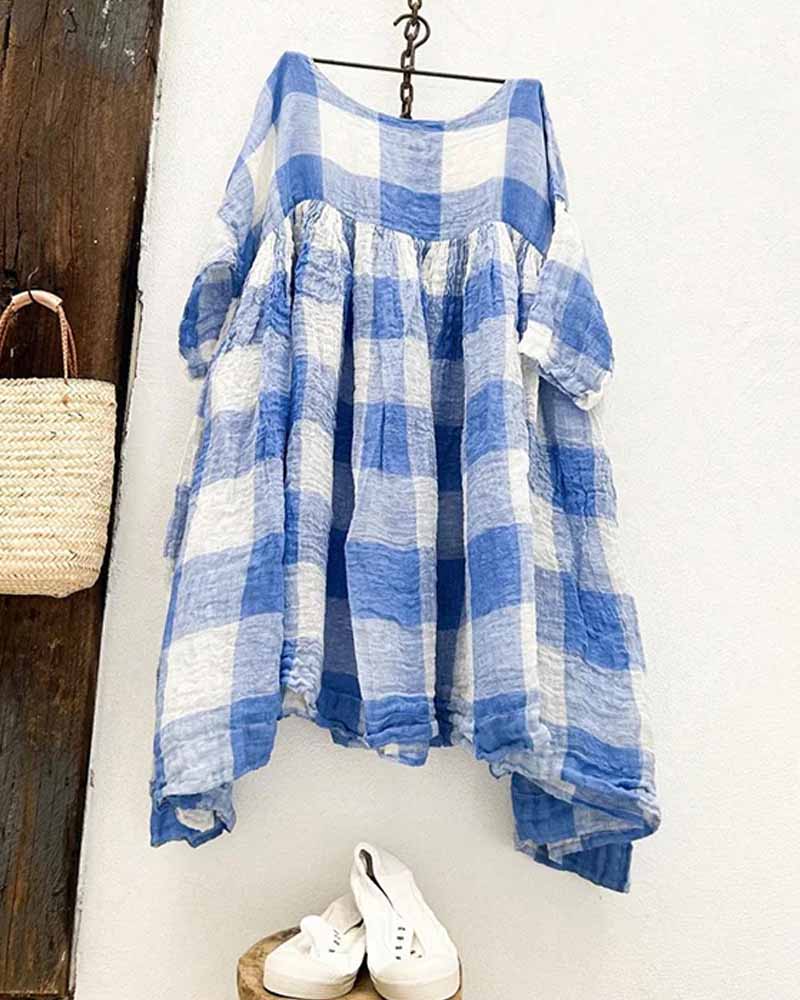 Plaid Patchwork Comfortable Loose Fitting Midi Dress