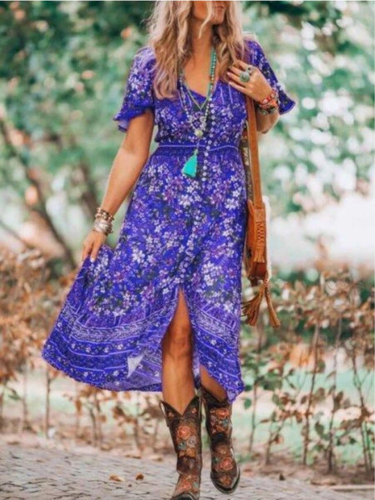 Short Sleeve Bohemian Beach Slit Elastic Skirt