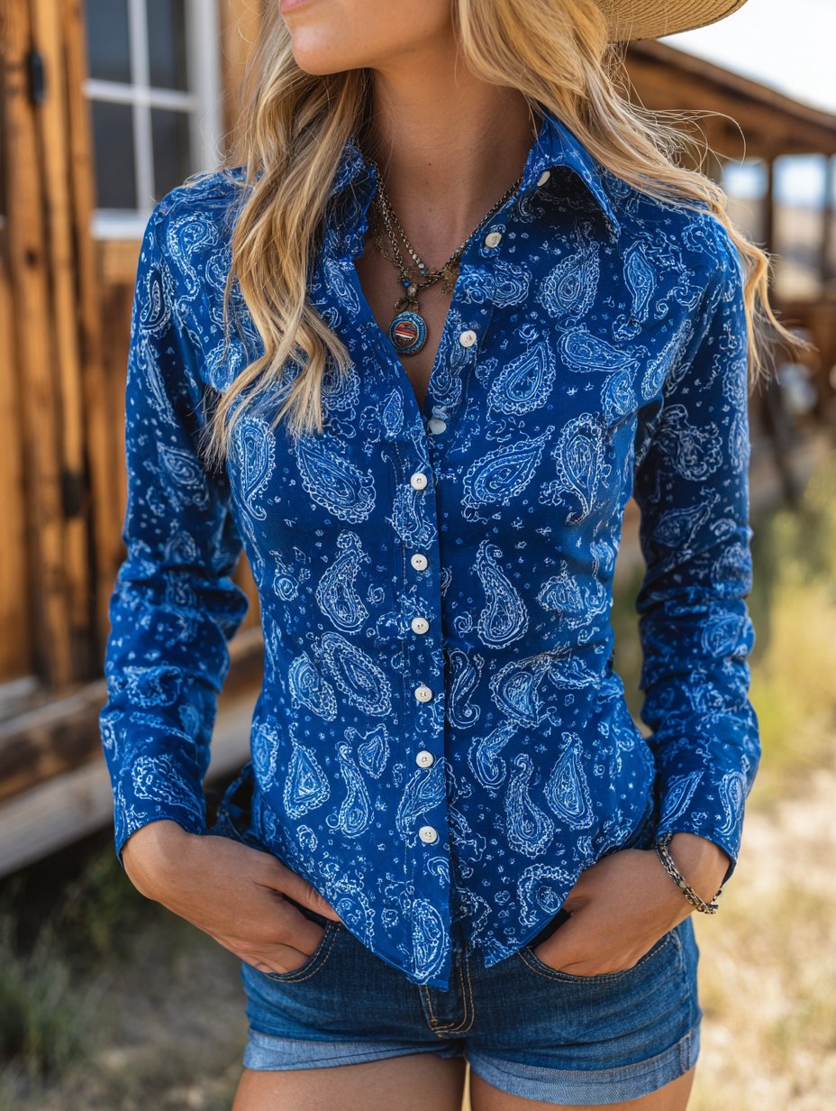 Women's Vintage Paisley Floral Print Western Long Sleeve Shirt