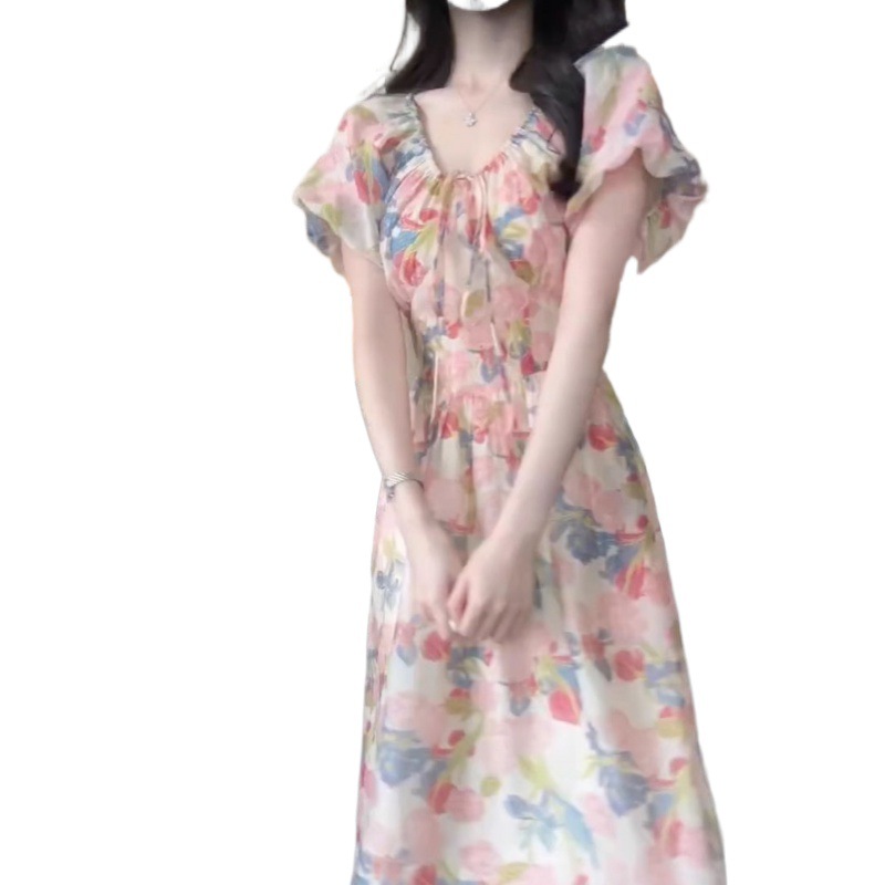 French tea break frock-sleeve floral dress