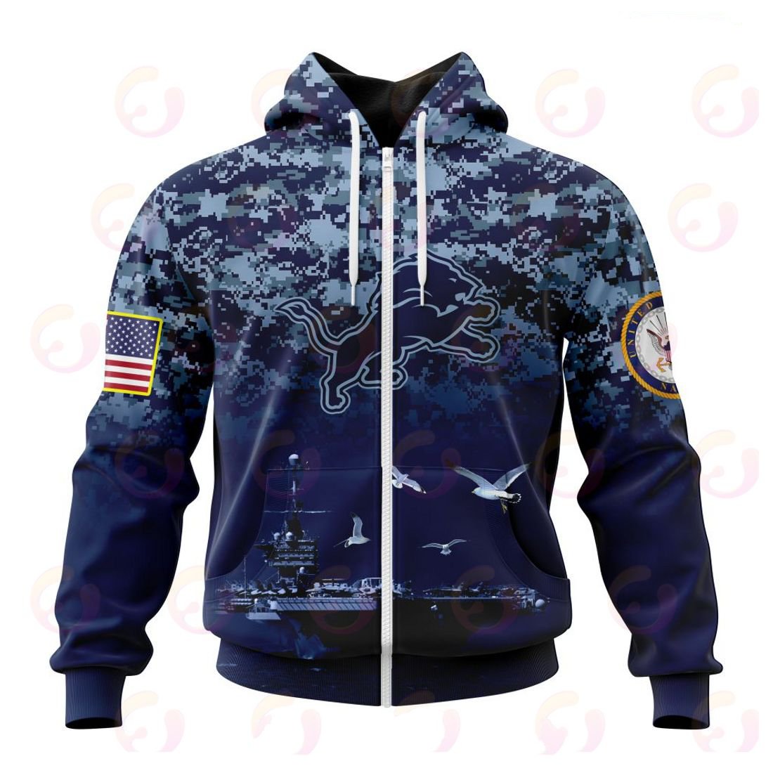 DETROIT LIONS 3D HOODIE HONOR US NAVY VETERANS