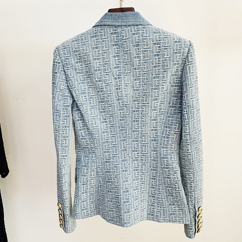 Plus Size Slim Double Breasted Lion Buckle Maze Jacquard Denim Blazer