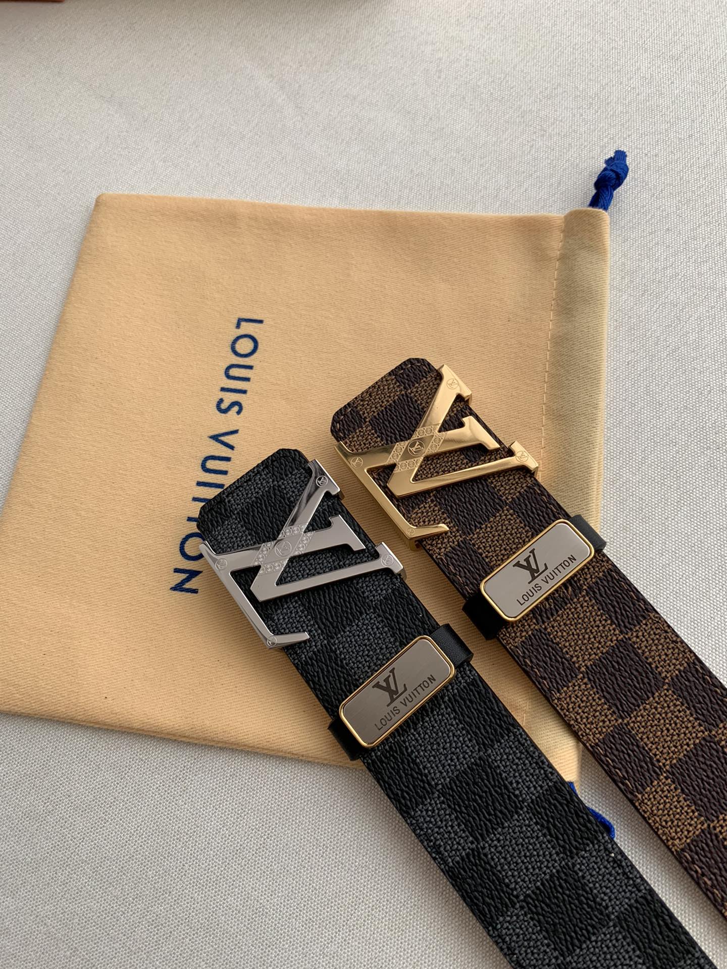 Louis Vuitton Plaid Oldskin Calfskin Men's Belt 3.8CM Width