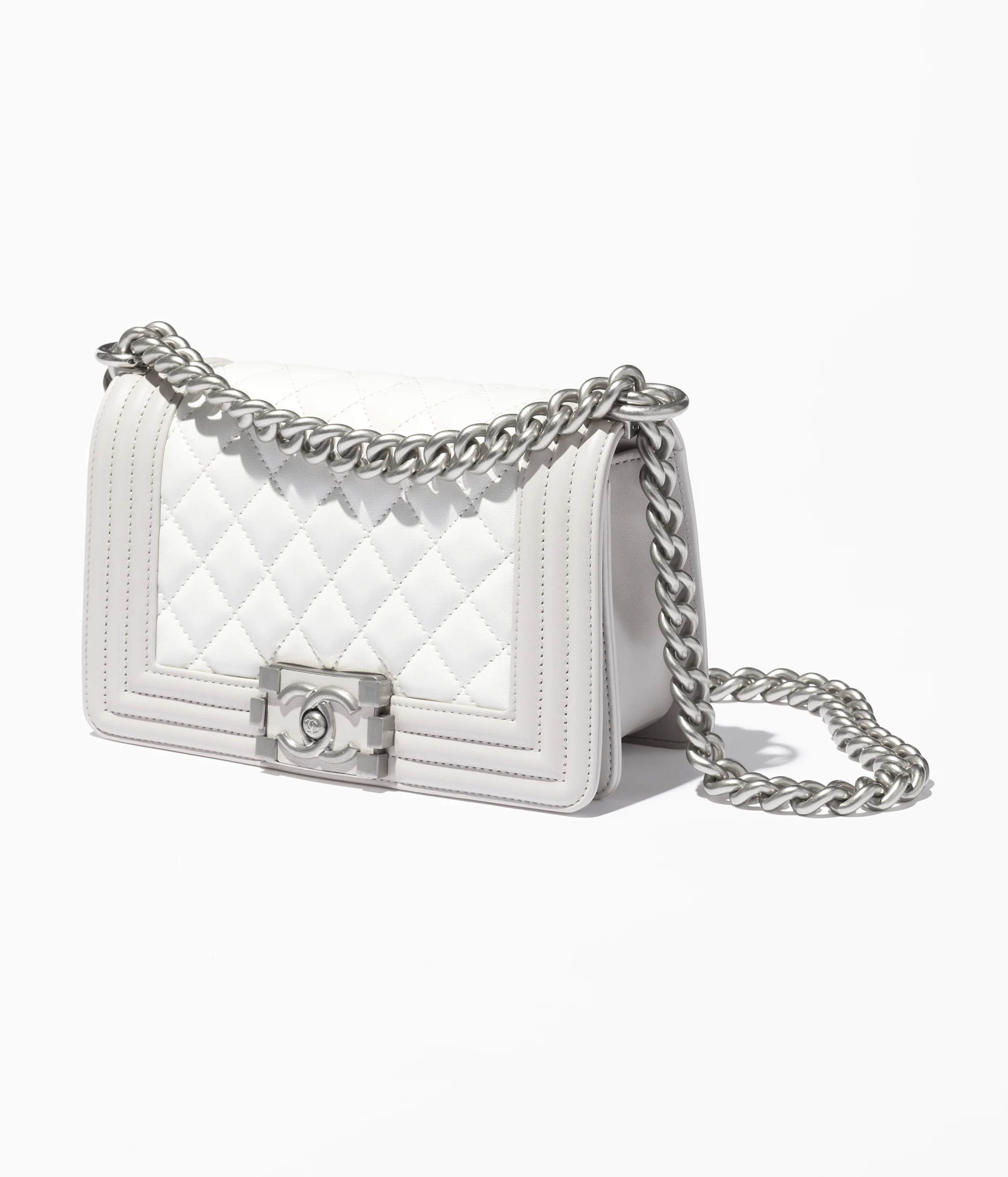 CHANEL Small BOY CHANEL Handbag Calfskin & Silver-Tone Metal White & Light Gray A67085-B18720-NACVA