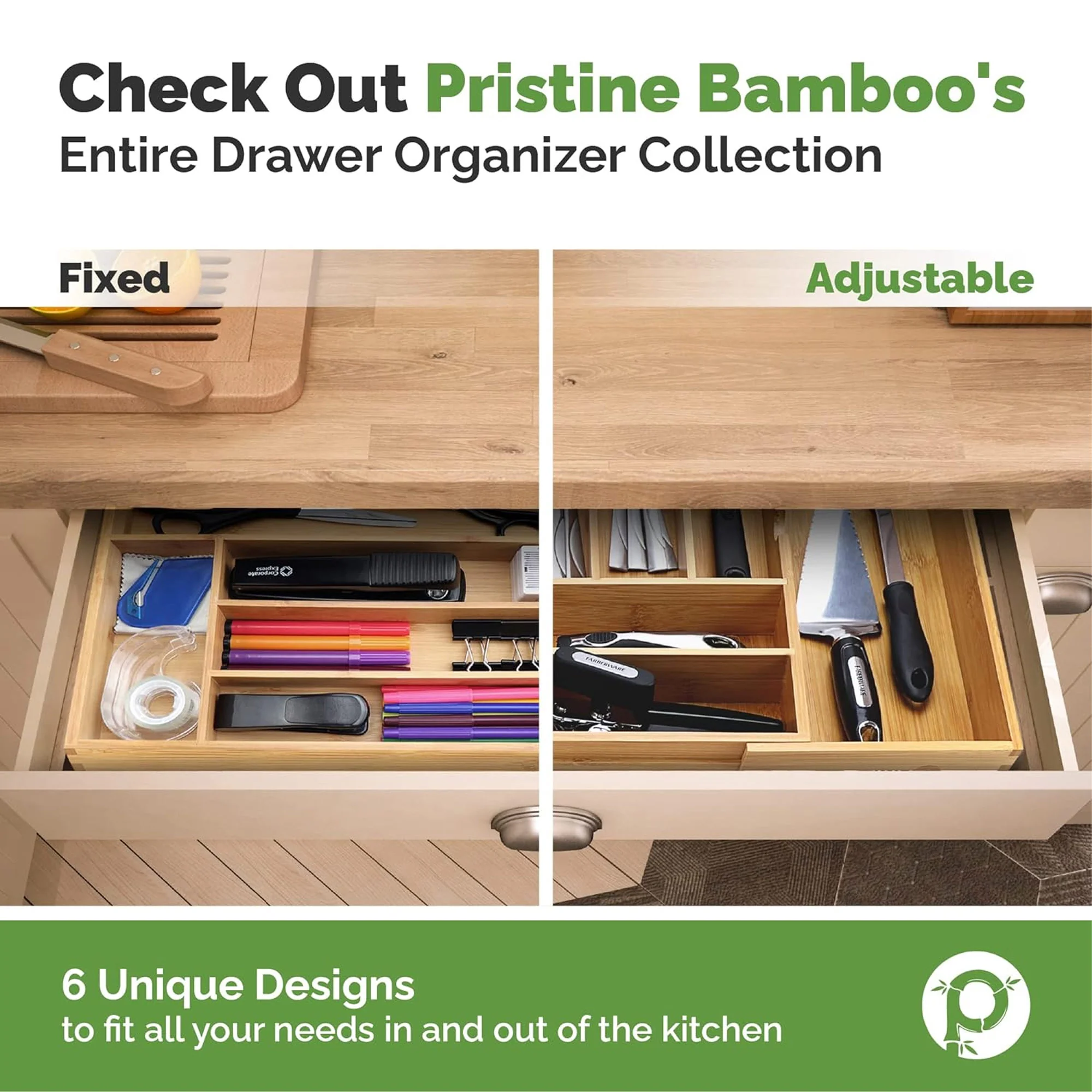 Pristine Bamboo Silverware Expandable Adjustable Wooden Divider Tray Organizer, 5 Slots, 17x19.3x2.4 Inches
