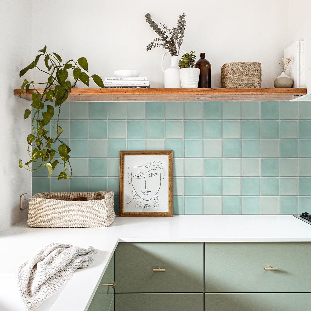 3D Light Teal Green Ceramic Square Peel and Stick Wall Tile