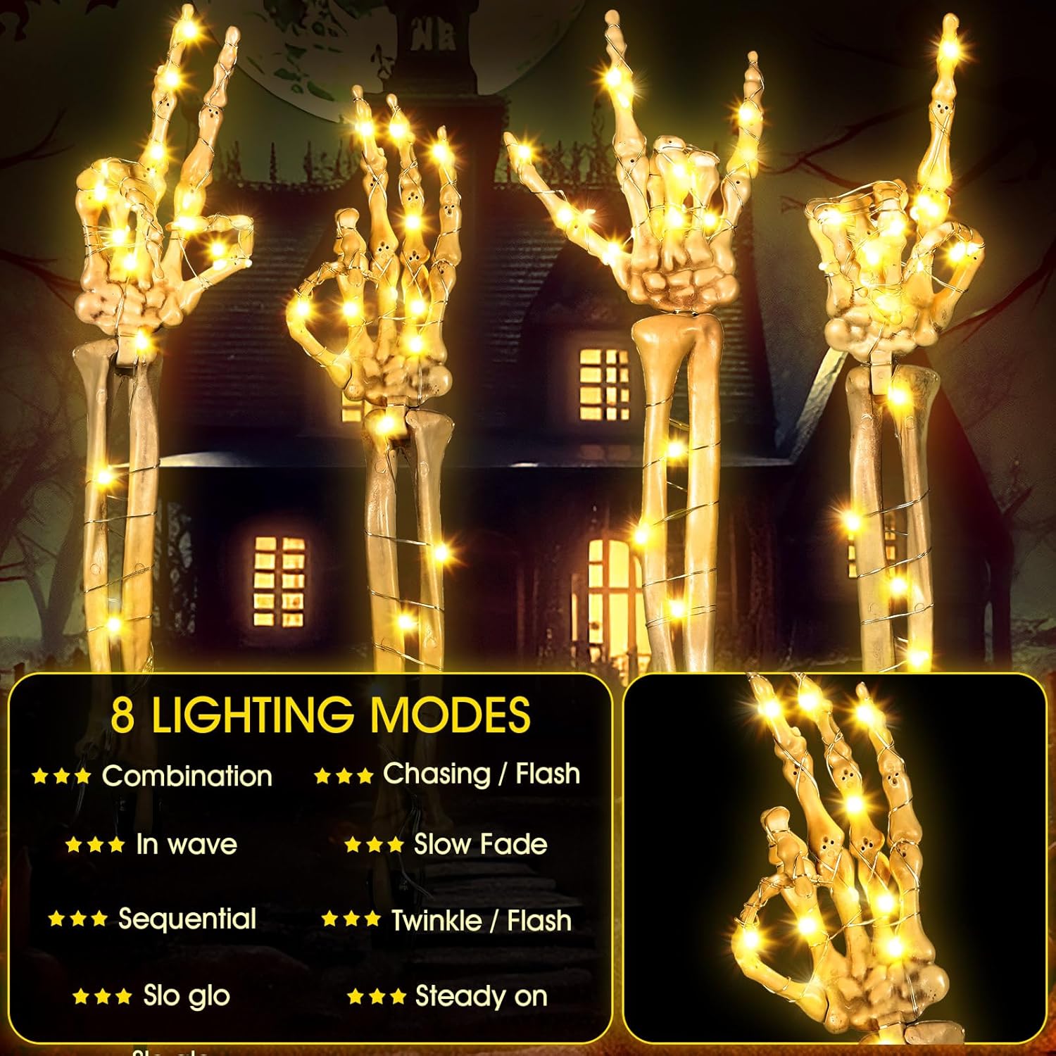 💀Halloween Skeleton Arms Stakes And Skeleton head Led Decorations-Adjusted Wrist,Waterproof ,LED with 8 Lighting Modes