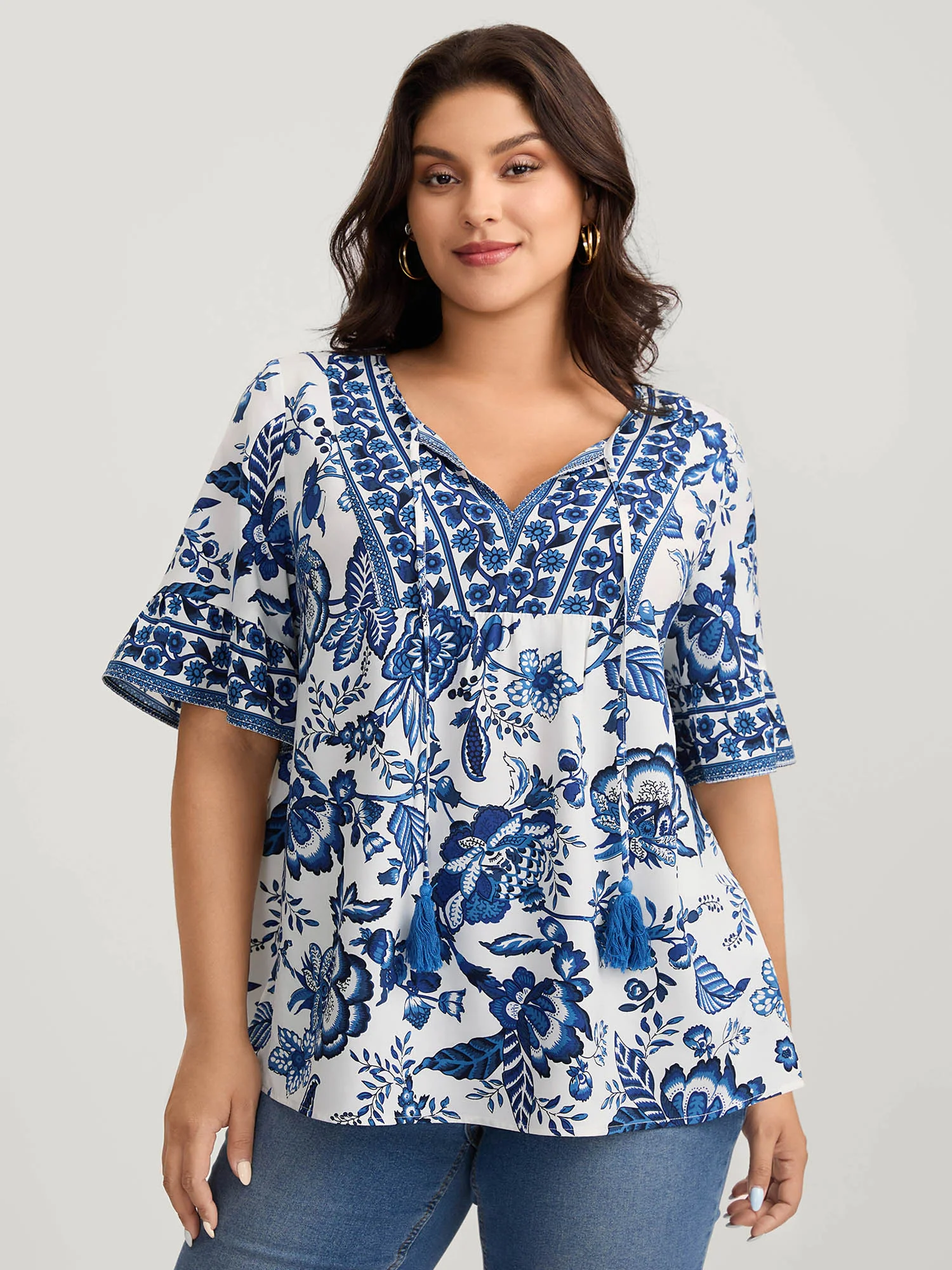 Floral Print Neck Tassels Blouse