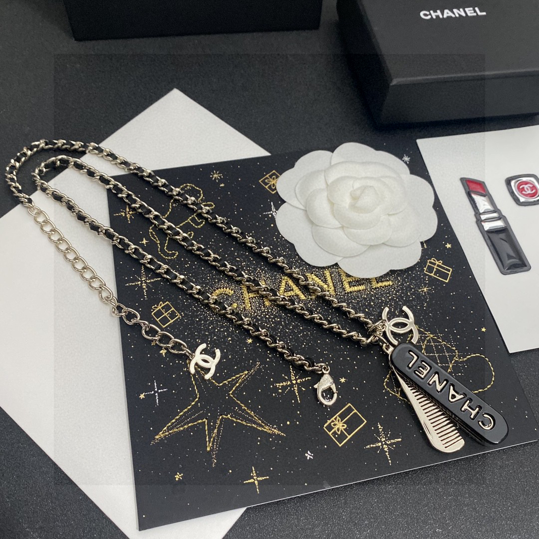Chanel Comb Brass Double C Pendant Leather Chain Necklace