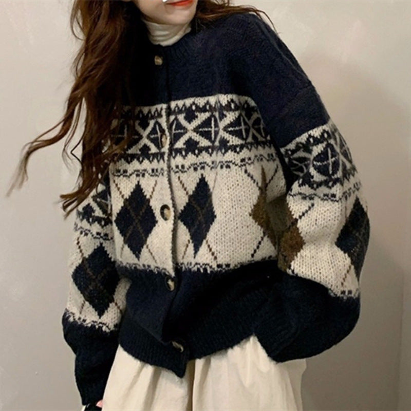 Retro Korean Style Loose Rhombus Pattern Thickened Student Sweater Coat