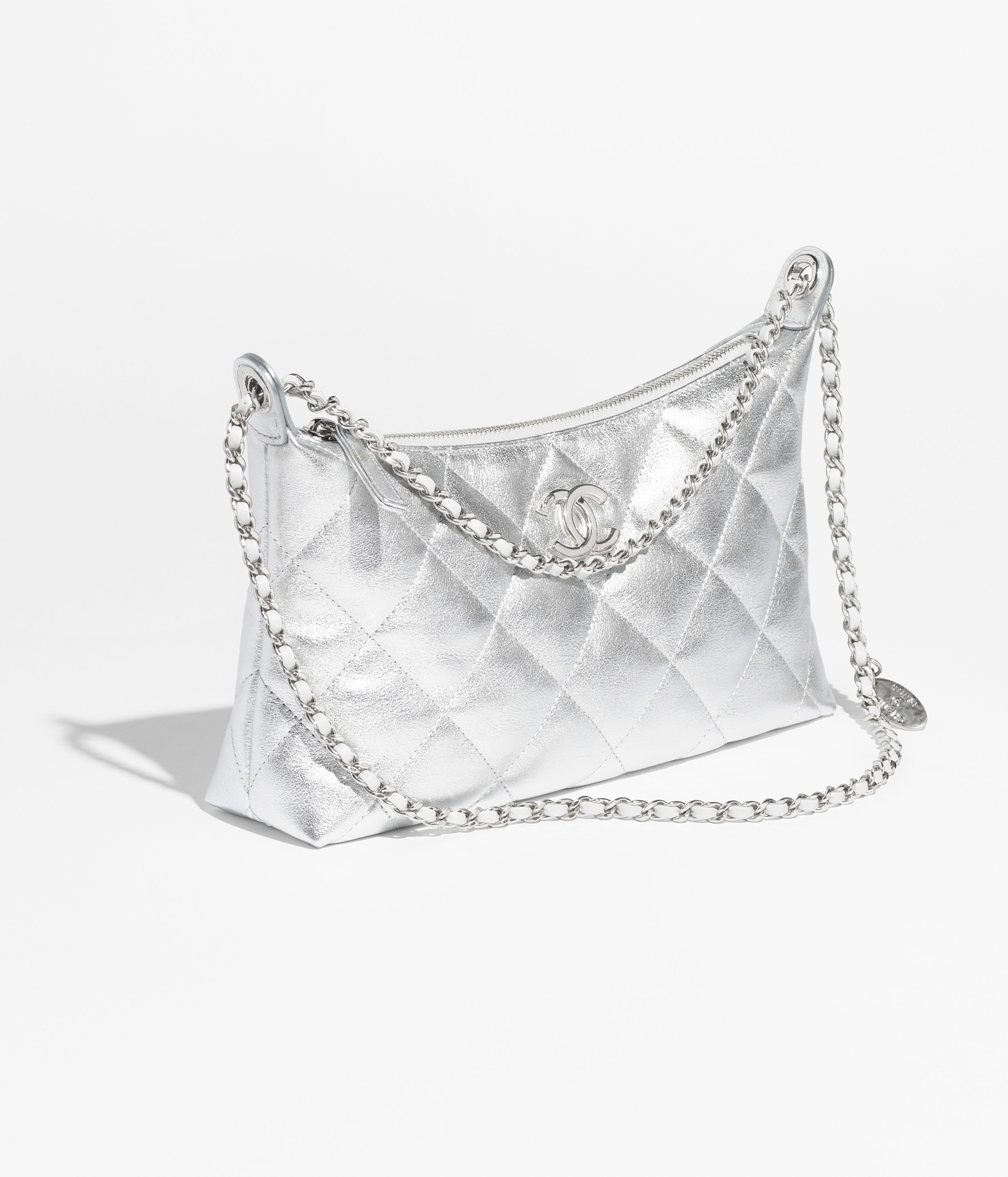 CHANEL Hobo Handbag Metallic Calfskin & Silver-Tone Metal Silvery AS5528-B20300-U1002