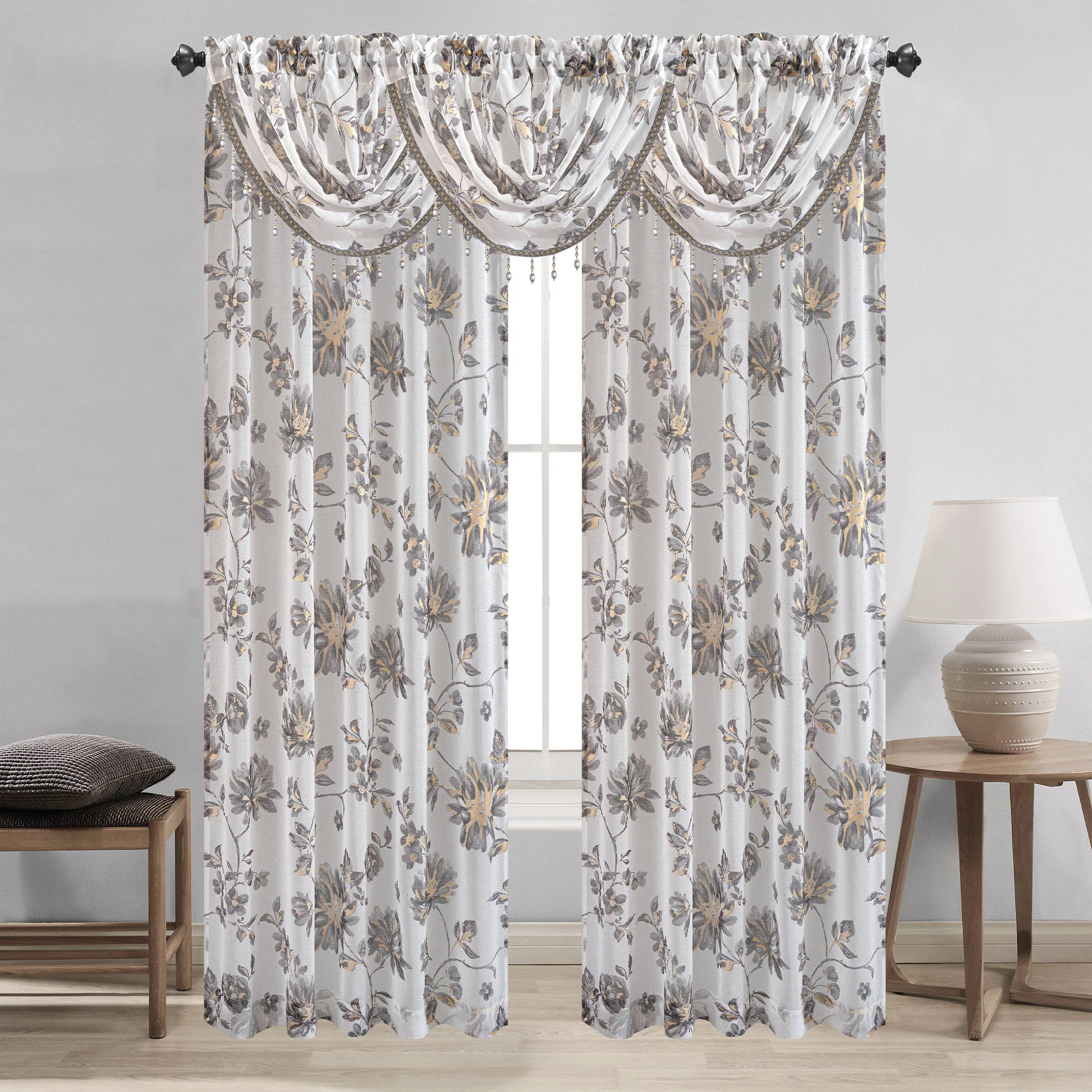 Anna Sheer Metallic Floral Rod Pocket Window Panel & Waterfall Valance, All Sold Separately